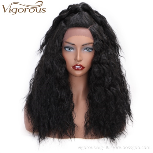 Vigorous Natural Black Synthetic Lace Front Wigs Long Water Wave Heat Resistant Fiber Hair Wigs for African Americans